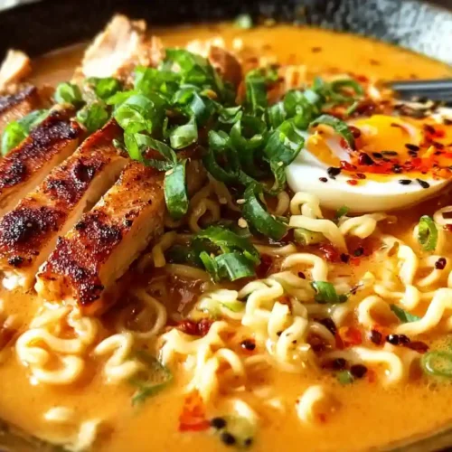 Bowl of Fiery Chicken Ramen with grilled chicken, soft-boiled egg, scallions, and chili oil in creamy garlic broth