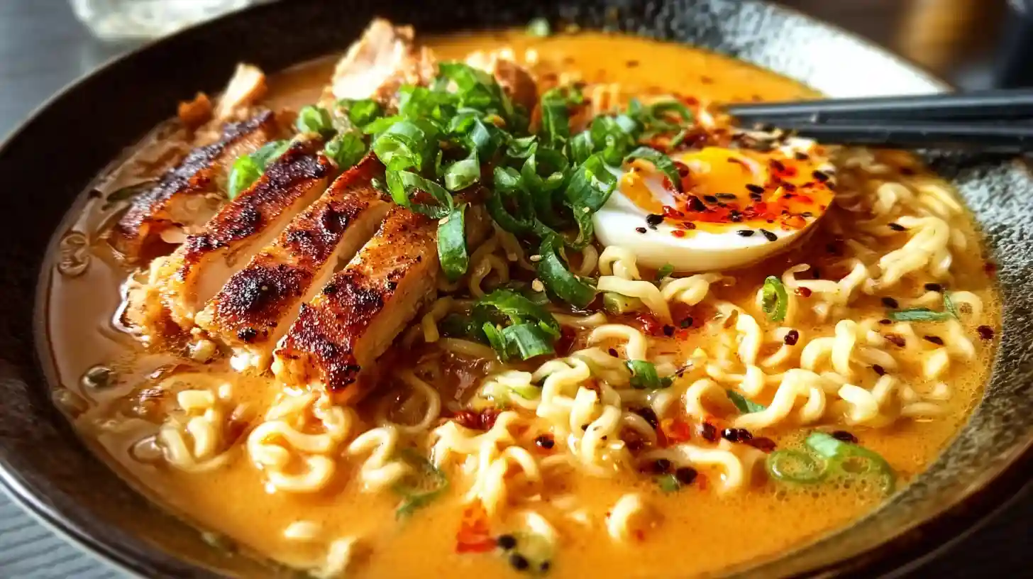 Bowl of Fiery Chicken Ramen with grilled chicken, soft-boiled egg, scallions, and chili oil in creamy garlic broth