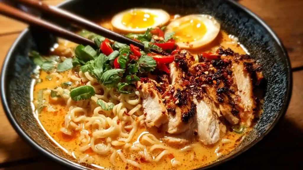 Fiery Chicken Ramen with char-grilled chicken, soft-boiled egg, green onions, and creamy broth, served with chopsticks