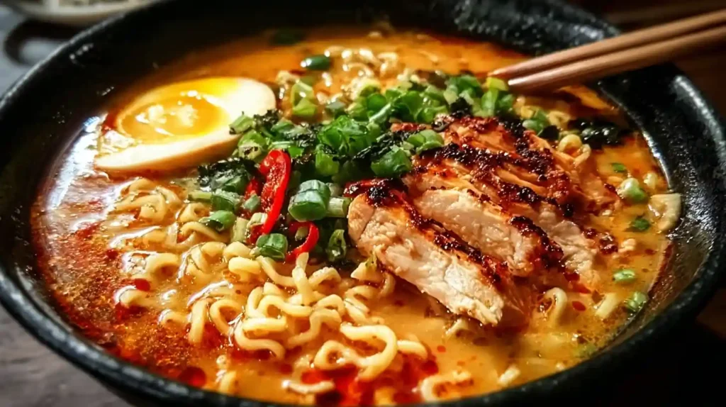 Fiery Chicken Ramen topped with grilled chicken, red chili, herbs, and soft-boiled eggs in a spicy garlic broth