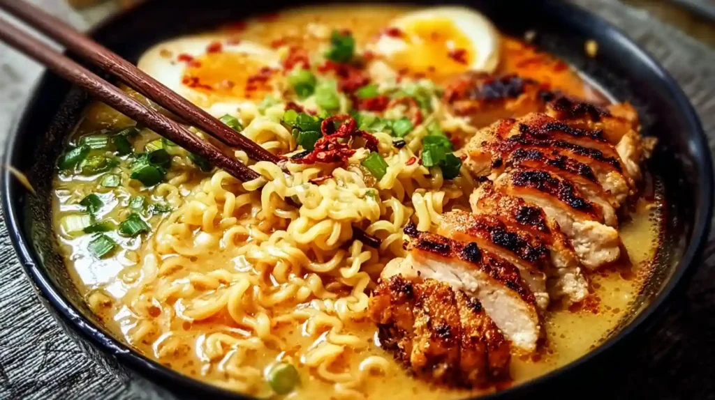 Fiery Chicken Ramen in a black bowl with grilled chicken, soft-boiled egg, red chili, scallions, and rich spicy broth