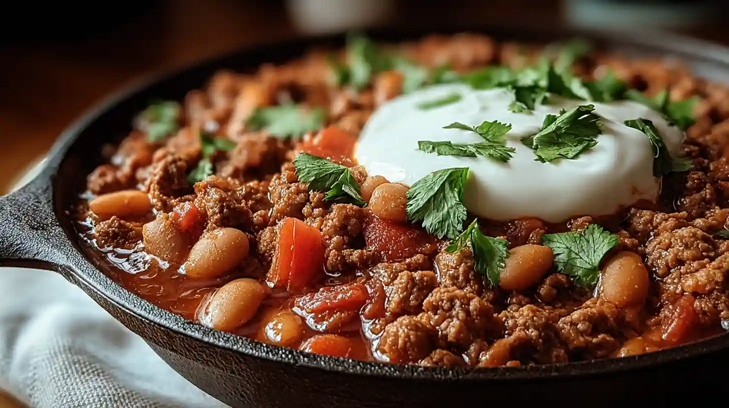Hearty ground beef stovetop chili in a cast iron skillet topped with sour cream and fresh cilantro.