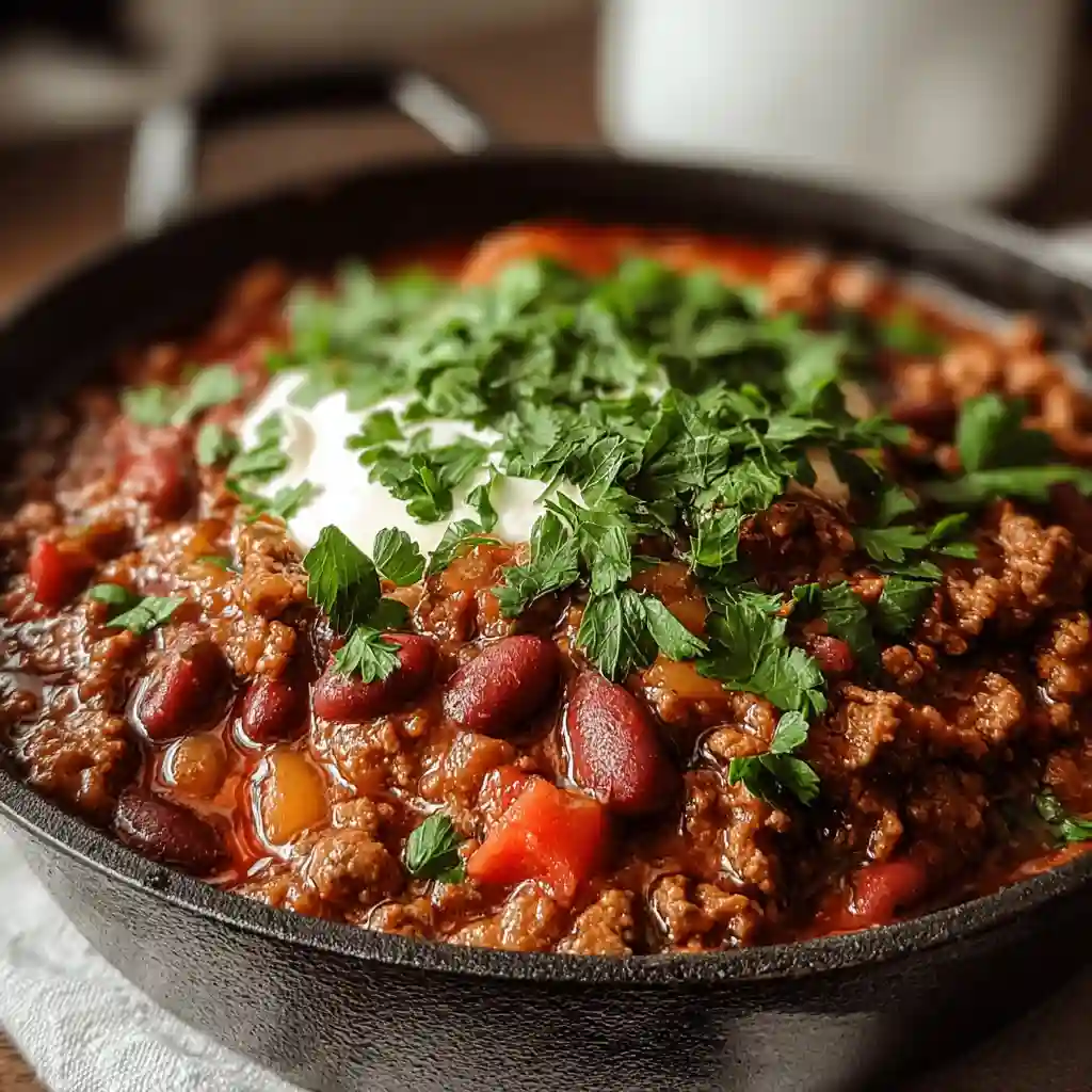 Ground beef stovetop chili with kidney beans, bell peppers, sour cream, and fresh parsley in a cast iron pan.