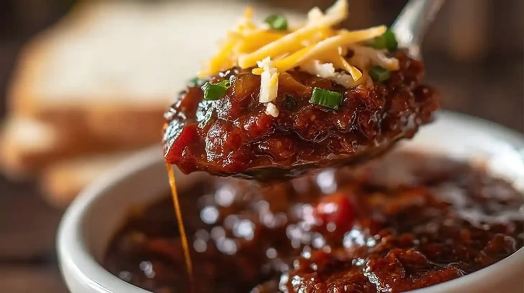 Spoonful of Korean Chile Con Carne topped with shredded cheese and green onions, lifted from a bowl.