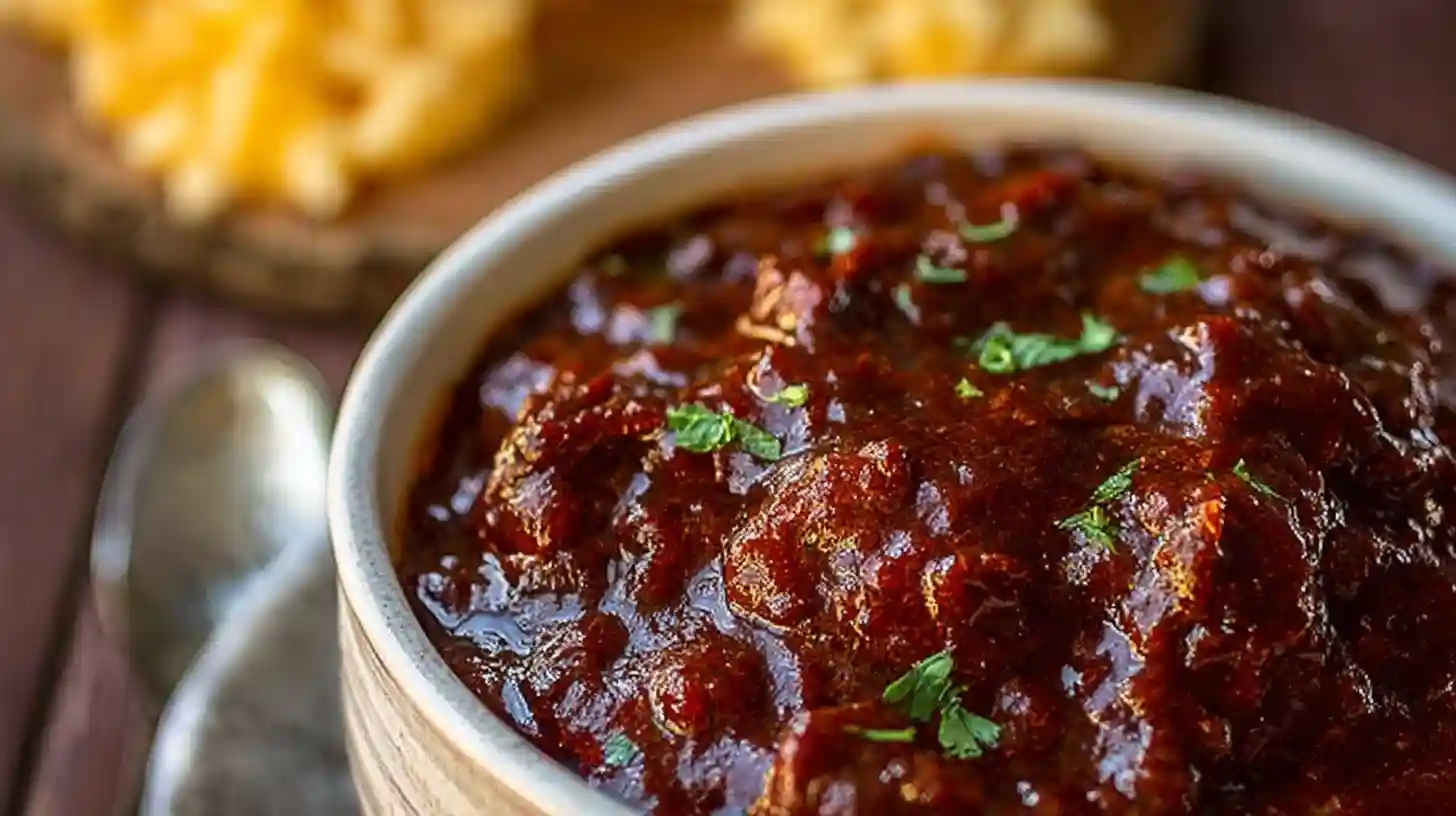 Close-up of Korean Chile Con Carne with rich red sauce, tender beef chunks, and fresh herb garnish.