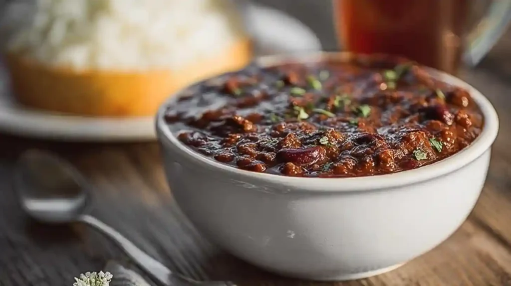 Bowl of Korean Chile Con Carne with beef, beans, and herbs, served with a side of white rice and bread.