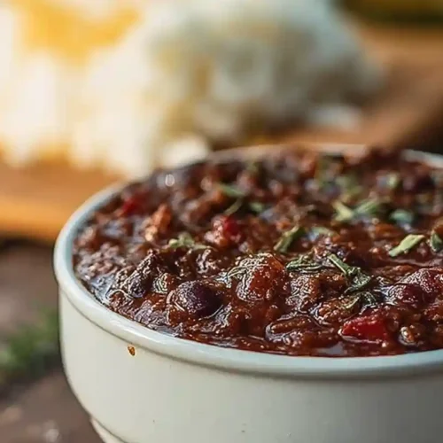 Bowl of Korean Chile Con Carne with tender beef, beans, and rich red sauce, garnished with herbs, served alongside bread.