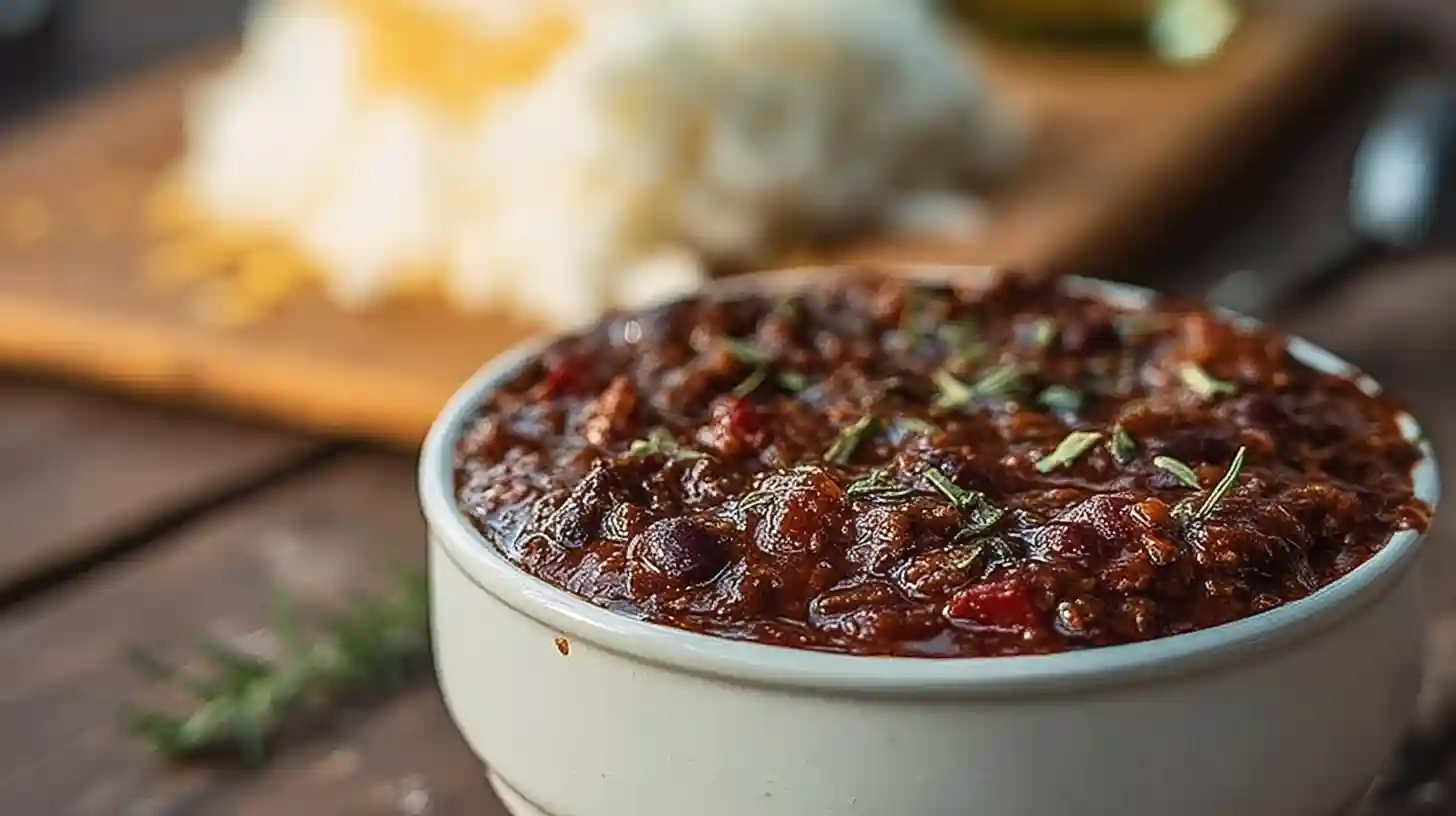 Bowl of Korean Chile Con Carne with tender beef, beans, and rich red sauce, garnished with herbs, served alongside bread.