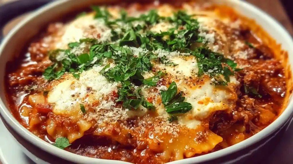 Close-up of one-pot lasagna soup with melted cheese, rich tomato sauce, and fresh parsley in a white bowl