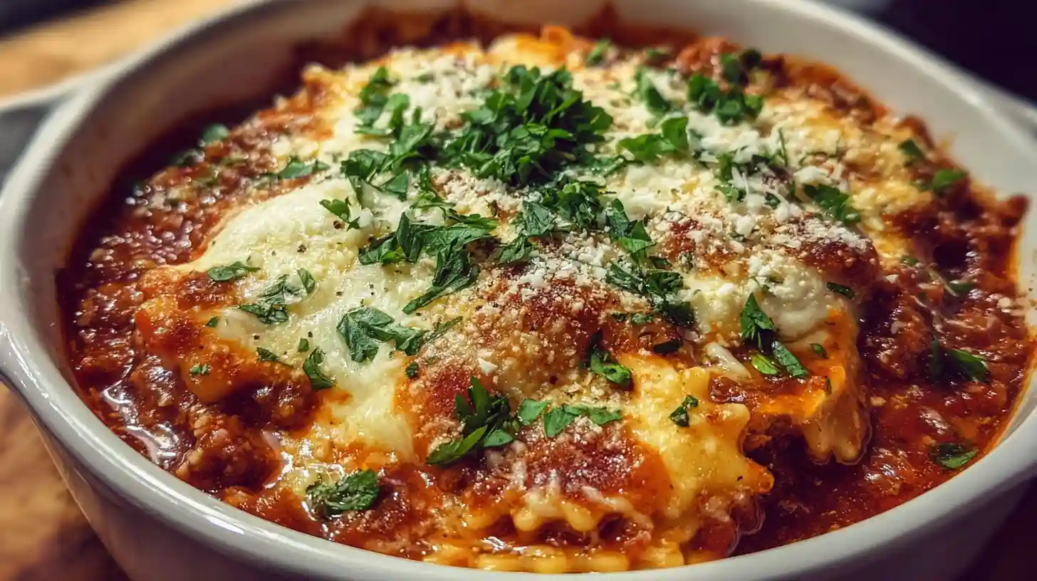 One-pot lasagna soup with melted cheese, fresh herbs, and rich tomato sauce served in a white bowl