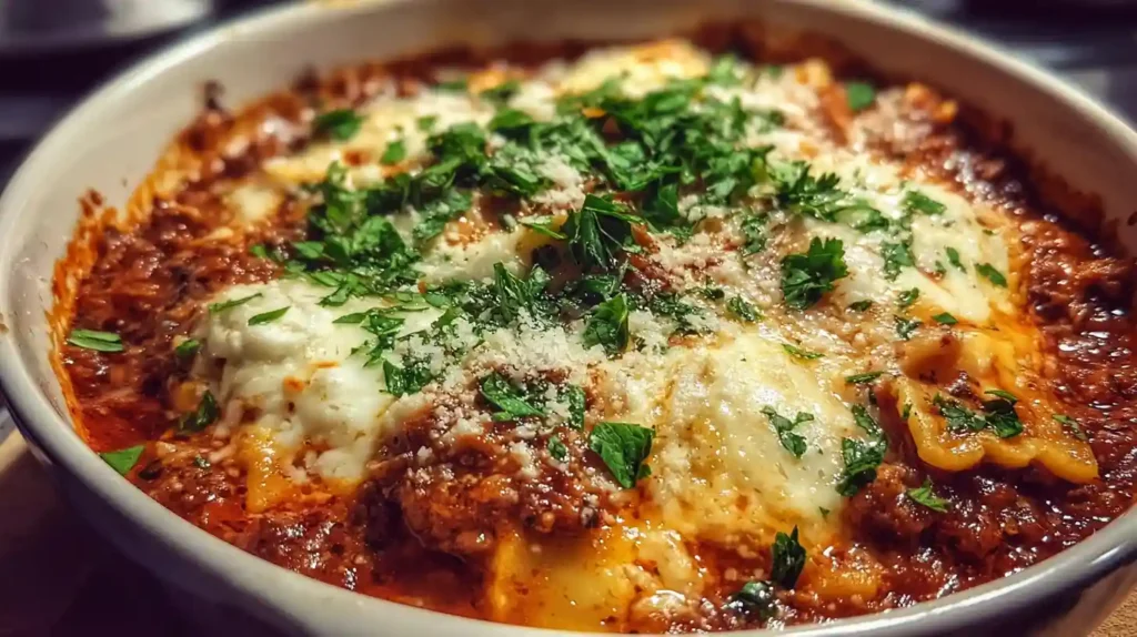 Bowl of one-pot lasagna soup with melted cheese, tomato meat sauce, and fresh parsley garnish