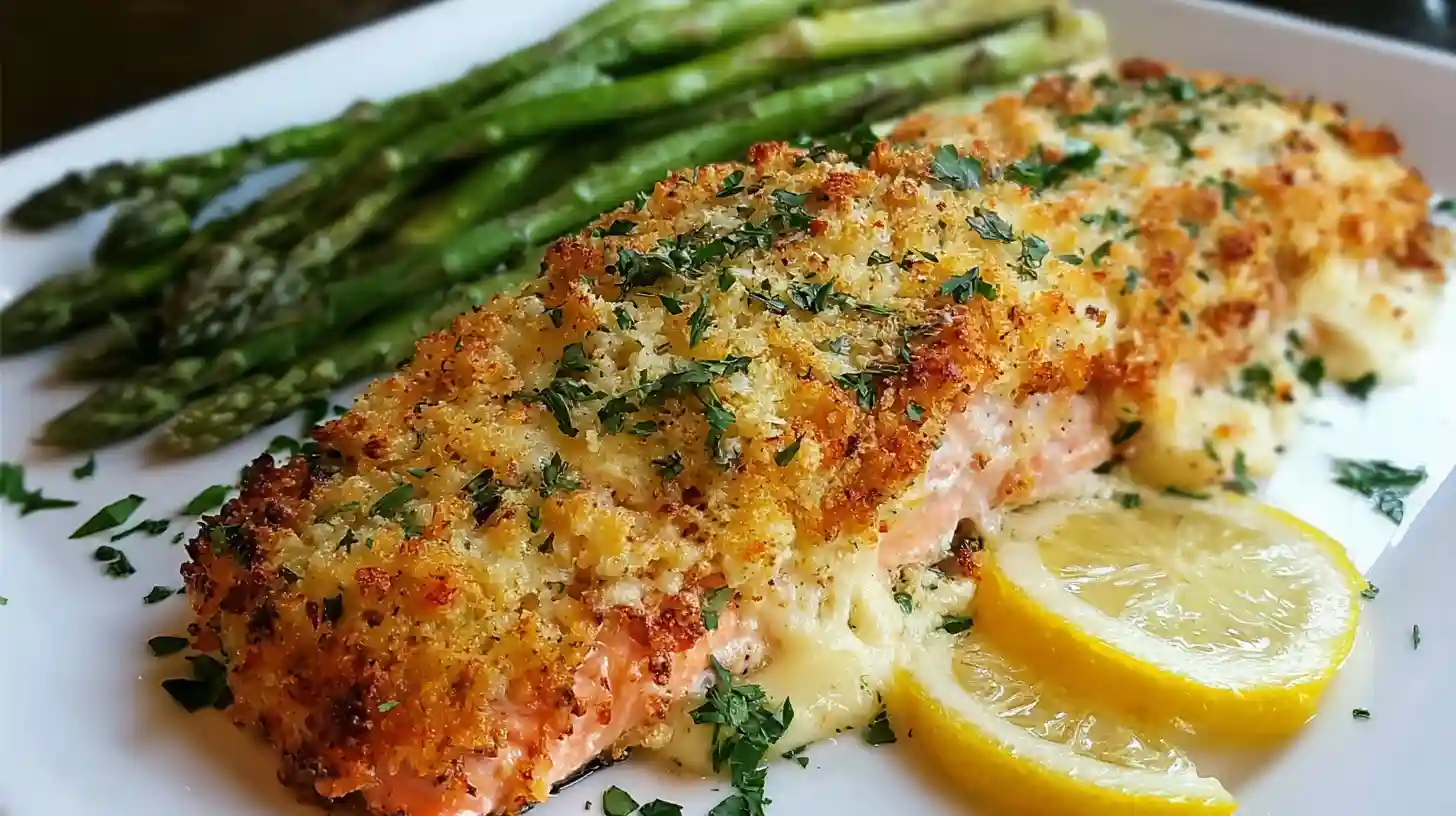 Close-up of crispy baked parmesan-crusted salmon fillet on lemon slices, garnished with parsley
