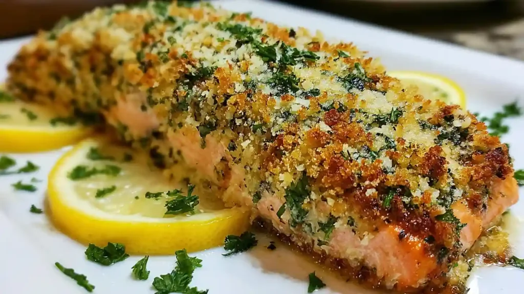 Baked parmesan-crusted salmon fillet served with roasted asparagus and lemon slices