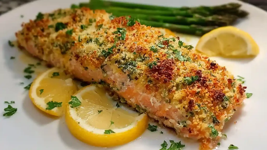 Parmesan-crusted salmon fillet on a plate with lemon slices, parsley, and asparagus in the background