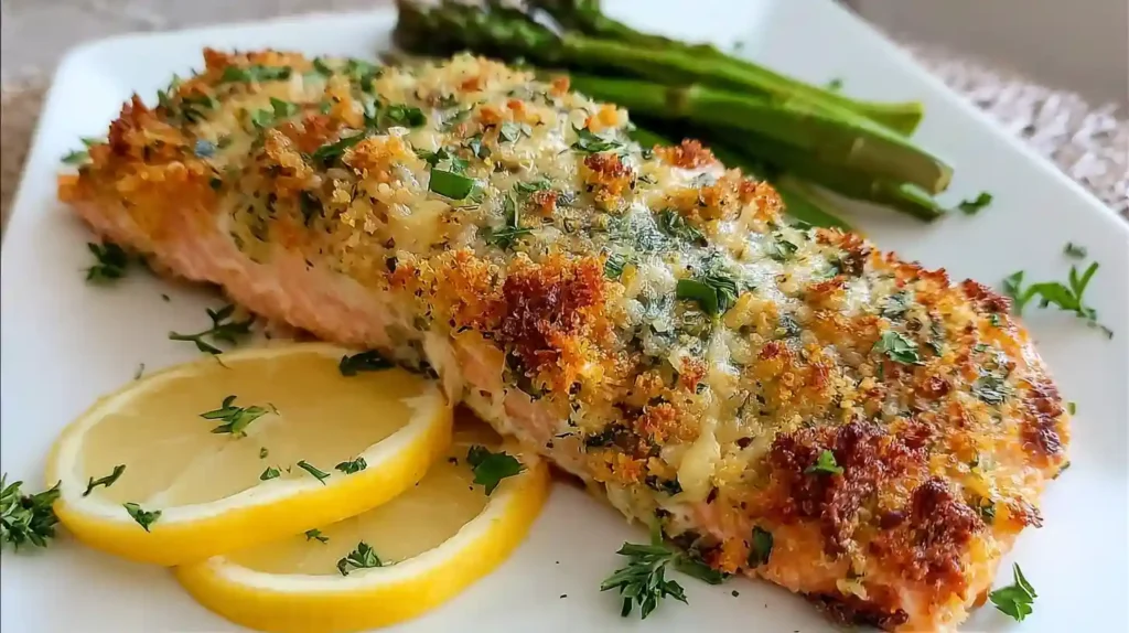 Golden parmesan-crusted salmon served with lemon slices and asparagus on a white plate
