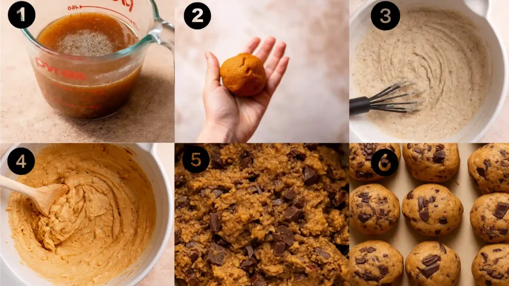 Step-by-step process showing how to make chewy pumpkin chocolate chip cookie dough from browned butter to scooped dough balls