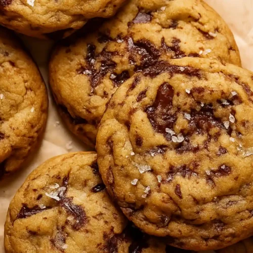 Chewy pumpkin chocolate chip cookies with melted chocolate and flaky sea salt on parchment paper