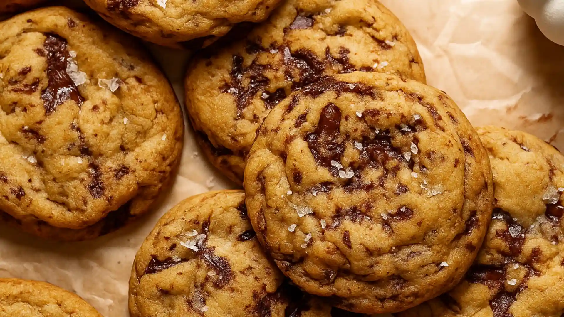 Chewy pumpkin chocolate chip cookies with melted chocolate and flaky sea salt on parchment paper