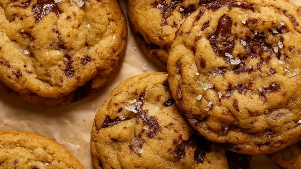 Close-up of thick pumpkin chocolate chip cookies topped with sea salt on parchment paper