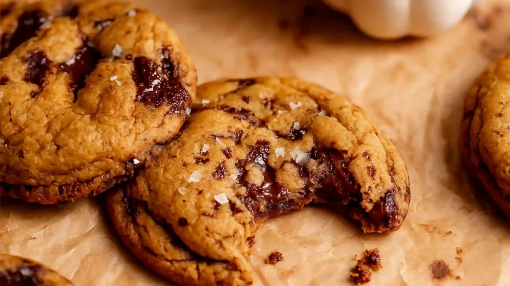 Close-up of a pumpkin chocolate chip cookie with a gooey center and a bite taken out, sprinkled with flaky sea salt