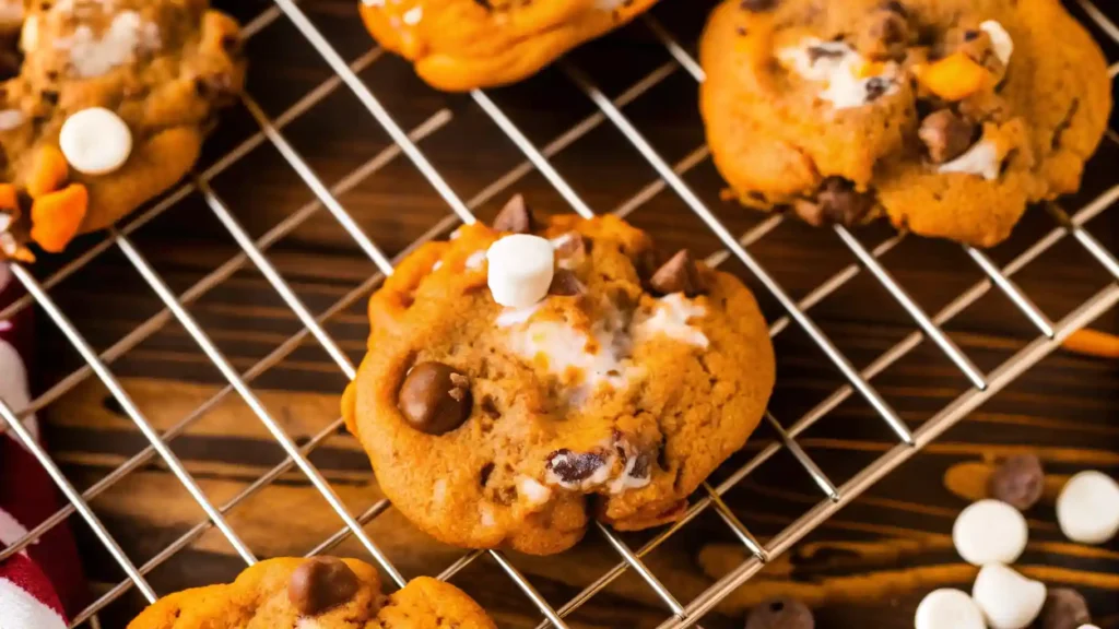 Pumpkin S’mores Cookie with marshmallows and chocolate chips cooling on a wire rack after baking