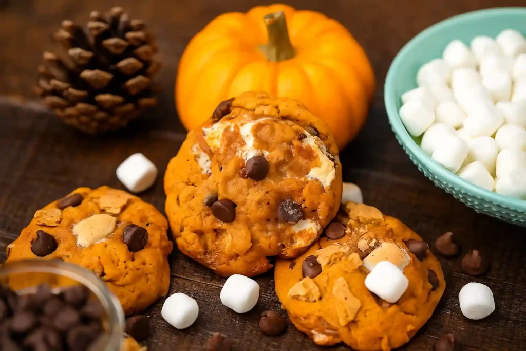 Pumpkin S’mores Cookies with chocolate chips and marshmallows, styled with mini pumpkin and fall-themed decor