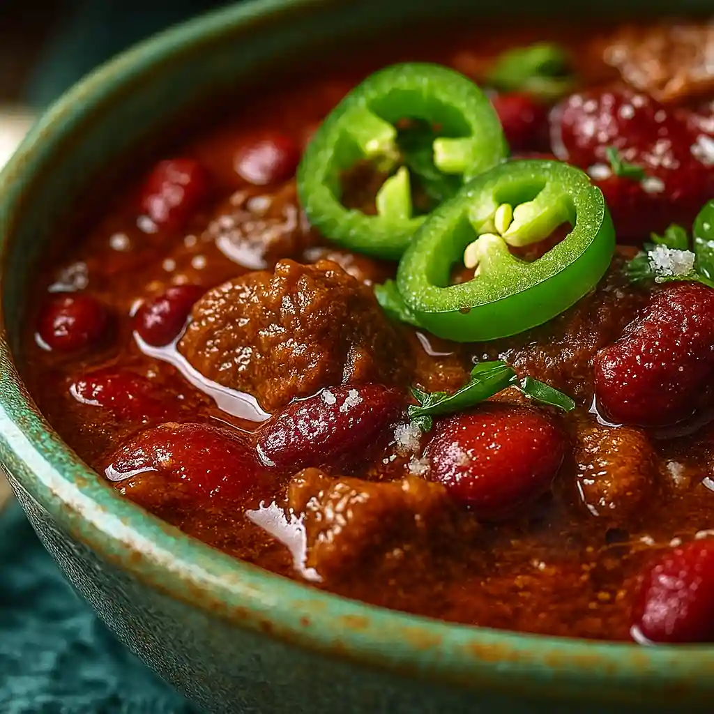 Close-up of short rib and chorizo chili with kidney beans, jalapeño slices, and fresh herbs in a rustic green bowl.