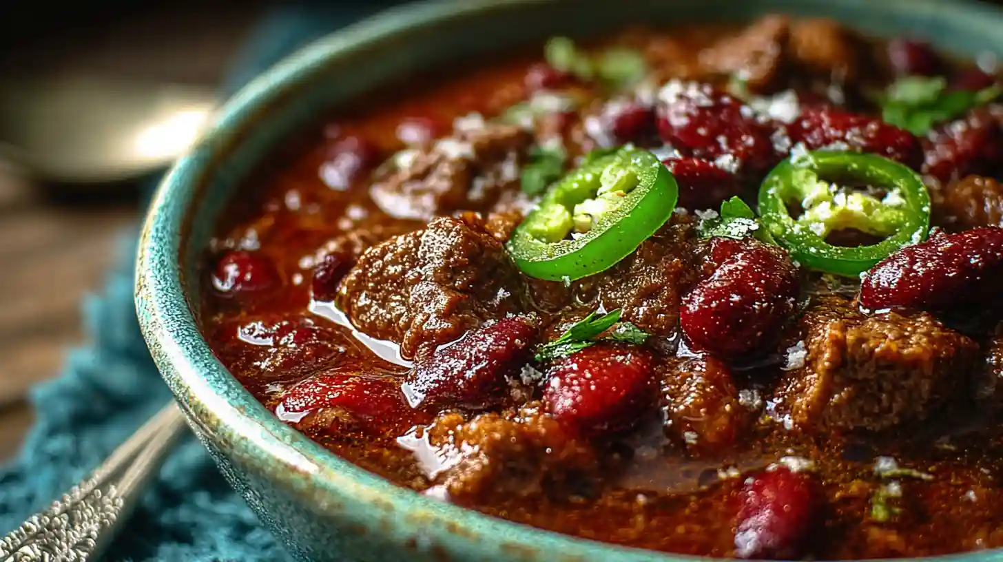 Close-up of short rib and chorizo chili with kidney beans, jalapeño slices, and fresh herbs in a rustic bowl.