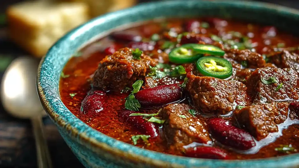 Bowl of short rib and chorizo chili with kidney beans and jalapeño slices in rich red broth.