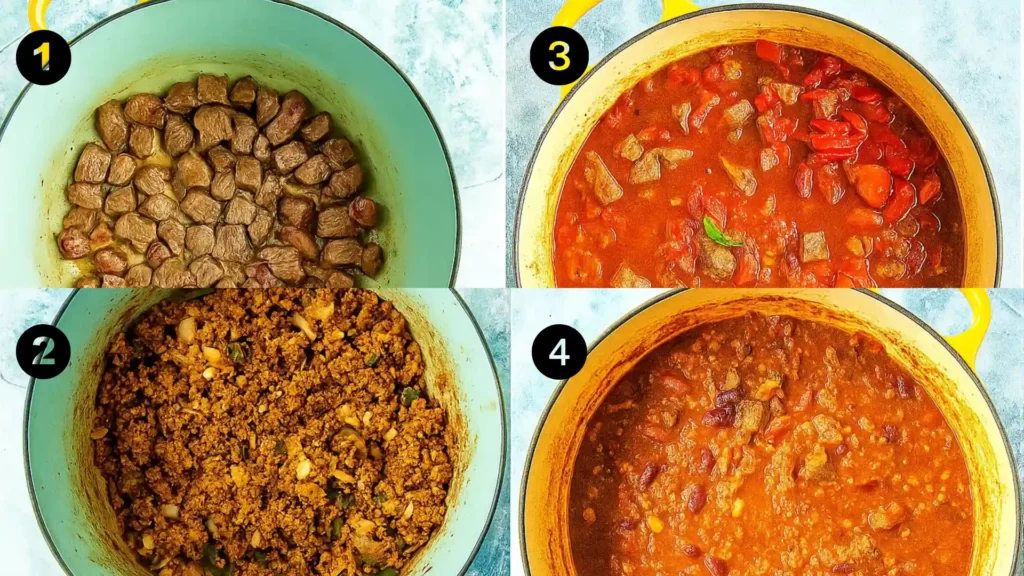 Step-by-step cooking process of short rib and chorizo chili from searing meat to simmering in a rich tomato and bean sauce.