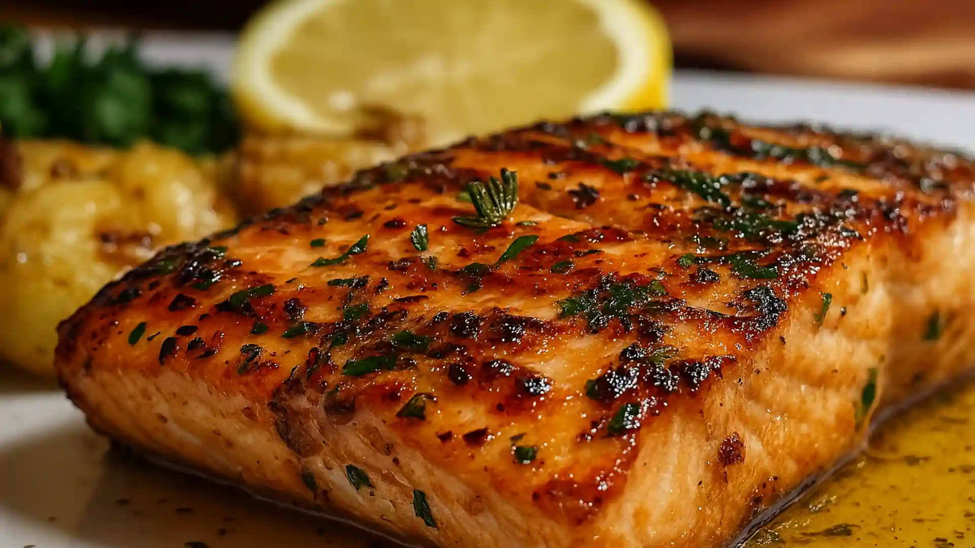 Glazed Texas Roadhouse-style salmon with parsley, served with rice and green beans.