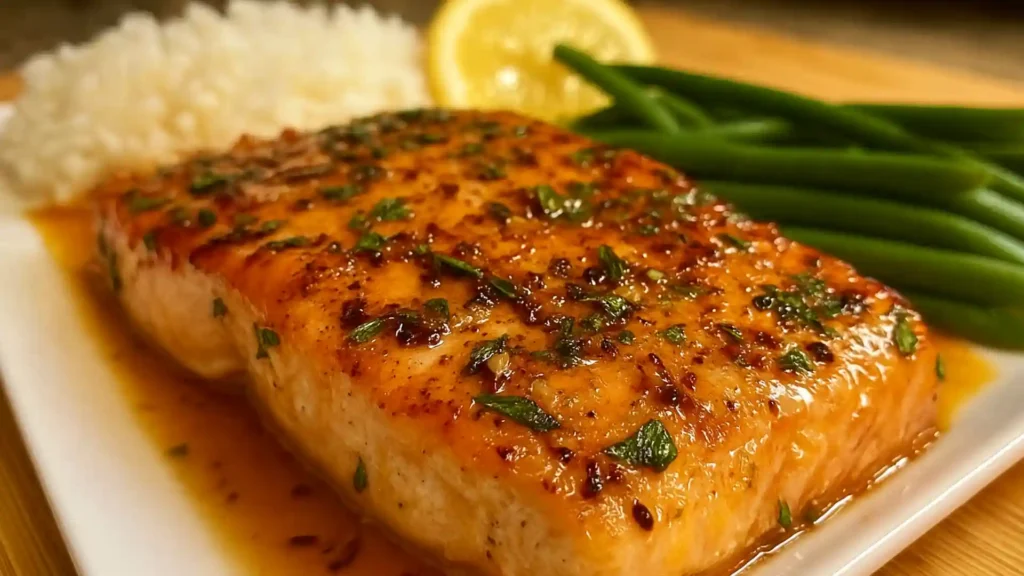 Caramelized Texas Roadhouse-style salmon garnished with herbs, served with lemon and roasted potatoes.