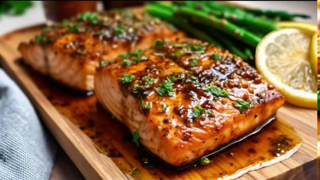 Glazed Texas Roadhouse-style salmon with fresh herbs and lemon, served with asparagus.
