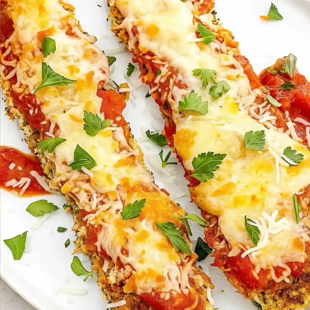 Baked Three Cheese Zucchini Parmesan topped with melted cheese, marinara, and fresh parsley on a white plate