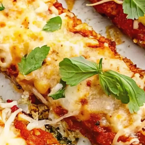 Crispy baked zucchini slices topped with marinara, melted three-cheese blend, and fresh herbs