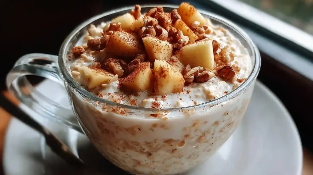Glass mug of apple pie overnight oats topped with cinnamon apples and granola clusters.