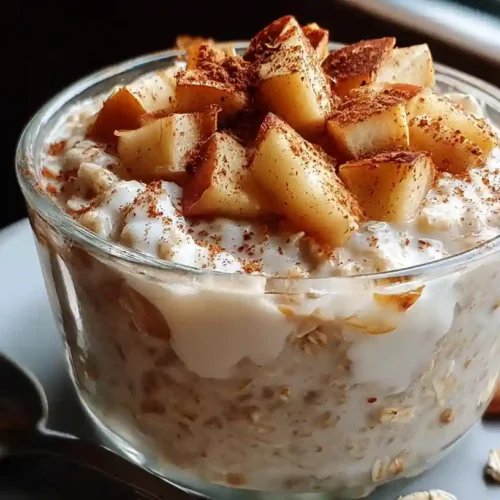 A glass jar filled with creamy apple pie overnight oats, topped with cinnamon-dusted apple chunks.
