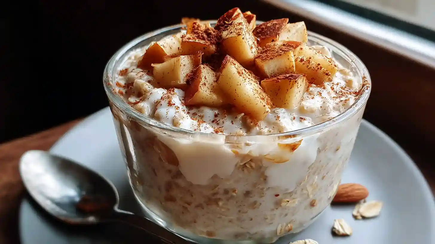 A glass jar filled with creamy apple pie overnight oats, topped with cinnamon-dusted apple chunks.
