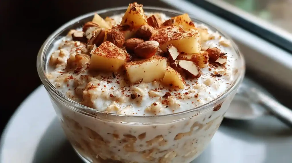 Glass jar of apple pie overnight oats topped with cinnamon-dusted apple chunks and whole almonds.