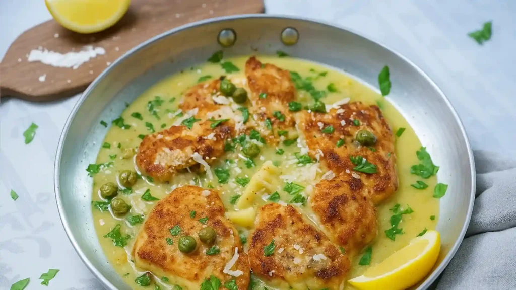 Golden-browned chicken cutlets in lemony artichoke caper sauce, garnished with fresh parsley in a silver skillet