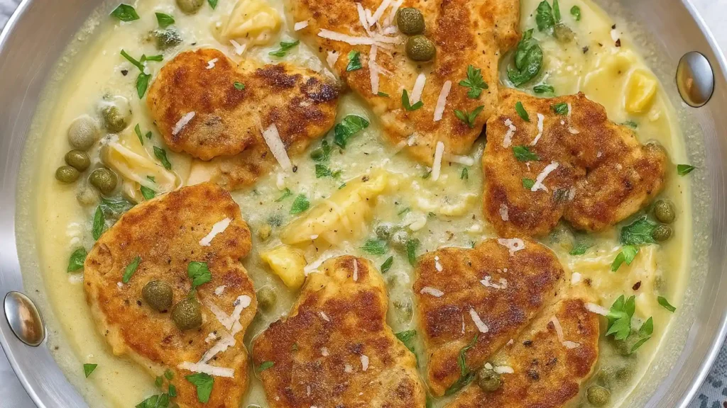 Crispy chicken cutlets in creamy lemon caper sauce with artichokes, garnished with fresh parsley