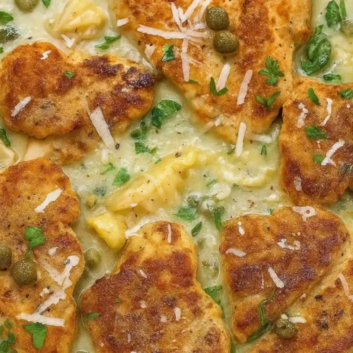 Crispy chicken cutlets in creamy lemon caper sauce with artichokes, garnished with fresh parsley