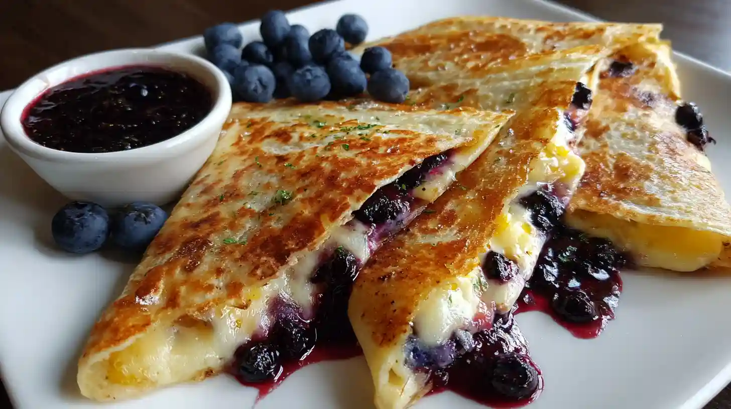 Blueberry breakfast quesadilla wedges with melted cheese, oozing blueberry filling, fresh berries, and blueberry sauce on a white plate.