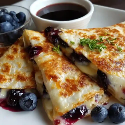 Crispy blueberry breakfast quesadilla with creamy cheese filling, fresh blueberries, and maple syrup on a white plate.