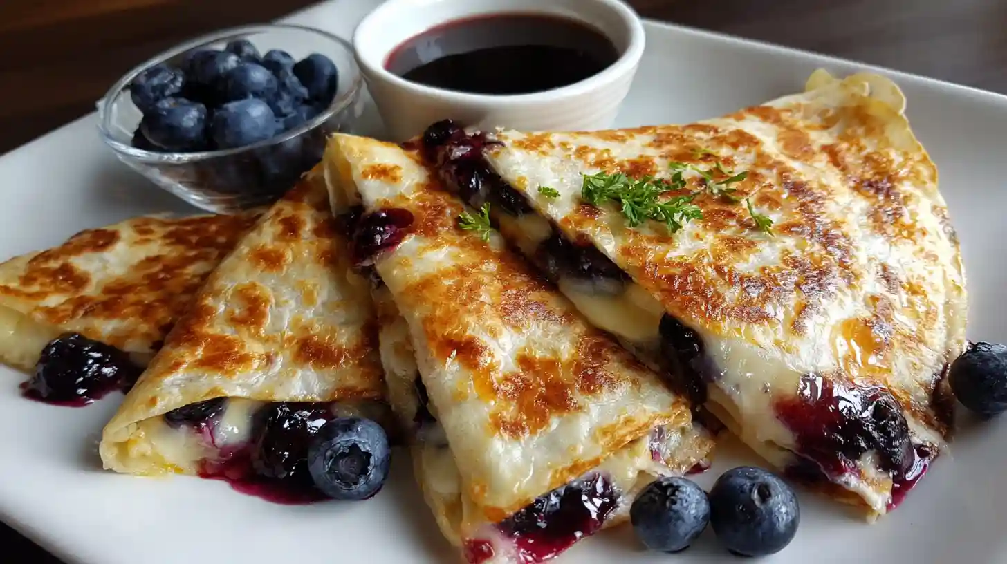 Crispy blueberry breakfast quesadilla with creamy cheese filling, fresh blueberries, and maple syrup on a white plate.