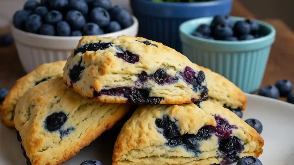 Close-up of freshly baked blueberry scones stacked on a plate, surrounded by fresh blueberries in bowls.