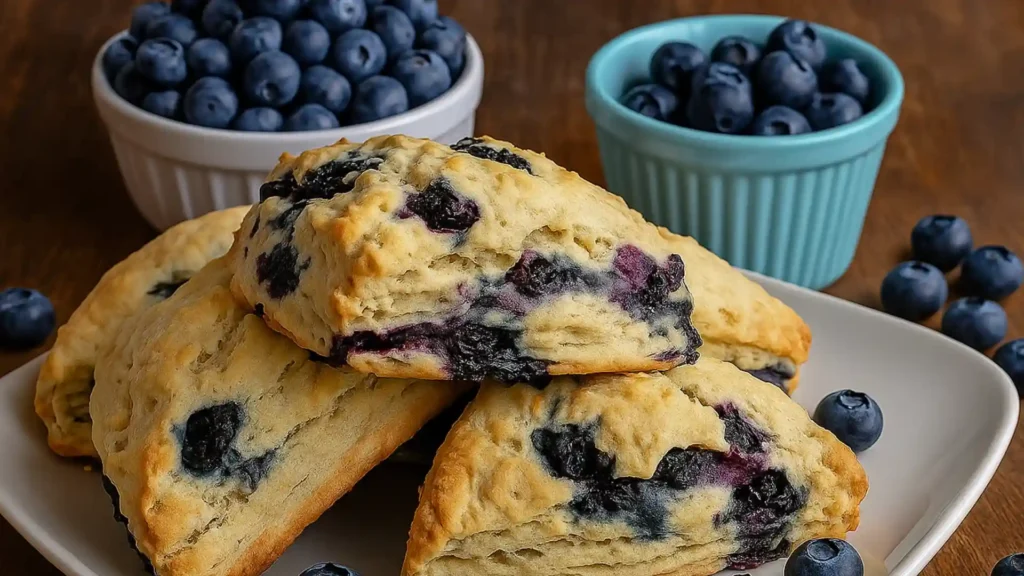 Golden, flaky blueberry scones stacked on a white plate, surrounded by fresh blueberries in ceramic bowls.