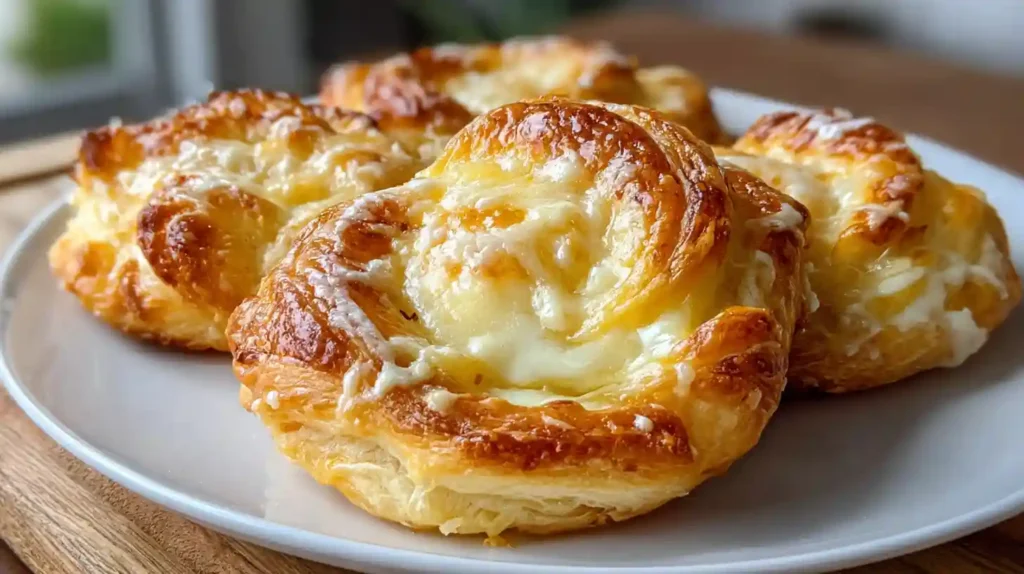 Golden, flaky cheese Danishes with creamy filling on a white plate, a bakery-style pastry made at home.