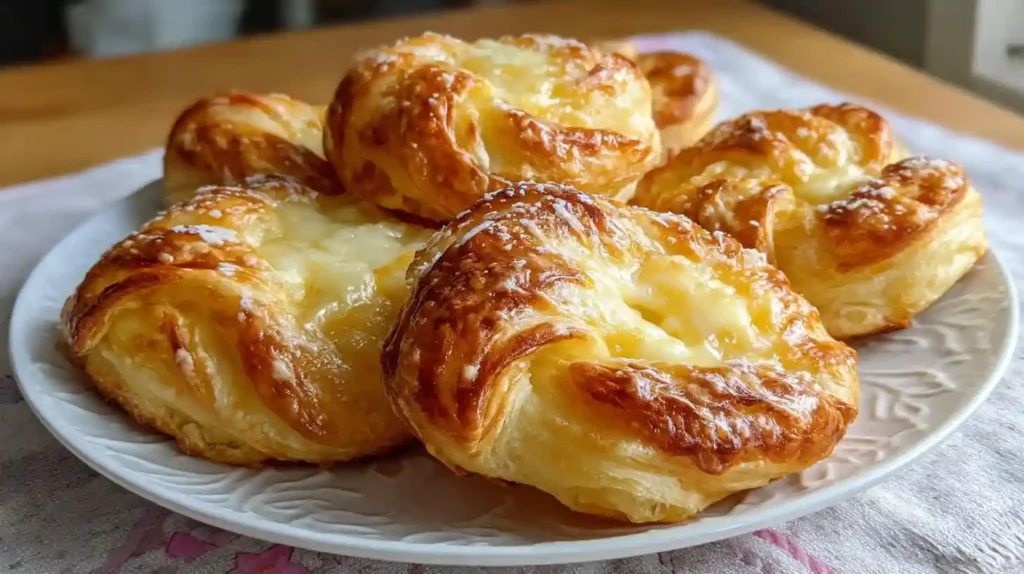 Golden, flaky cheese Danishes with creamy filling, stacked on a white plate, ready to serve.