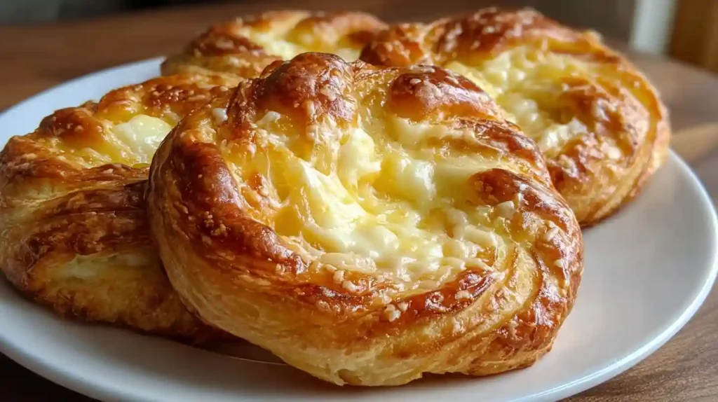 Flaky golden cheese Danishes with creamy filling, fresh from the oven, served on a white plate.